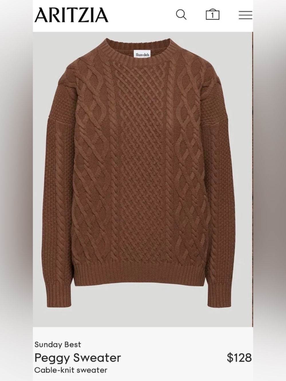 Aritzia Sunday Best Peggy Cable Knit Sweater in Brown Merino Wool , Large